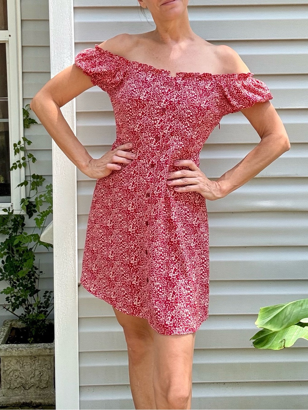 Peacebird Off-Shoulder Red with Star Print Mini Dress